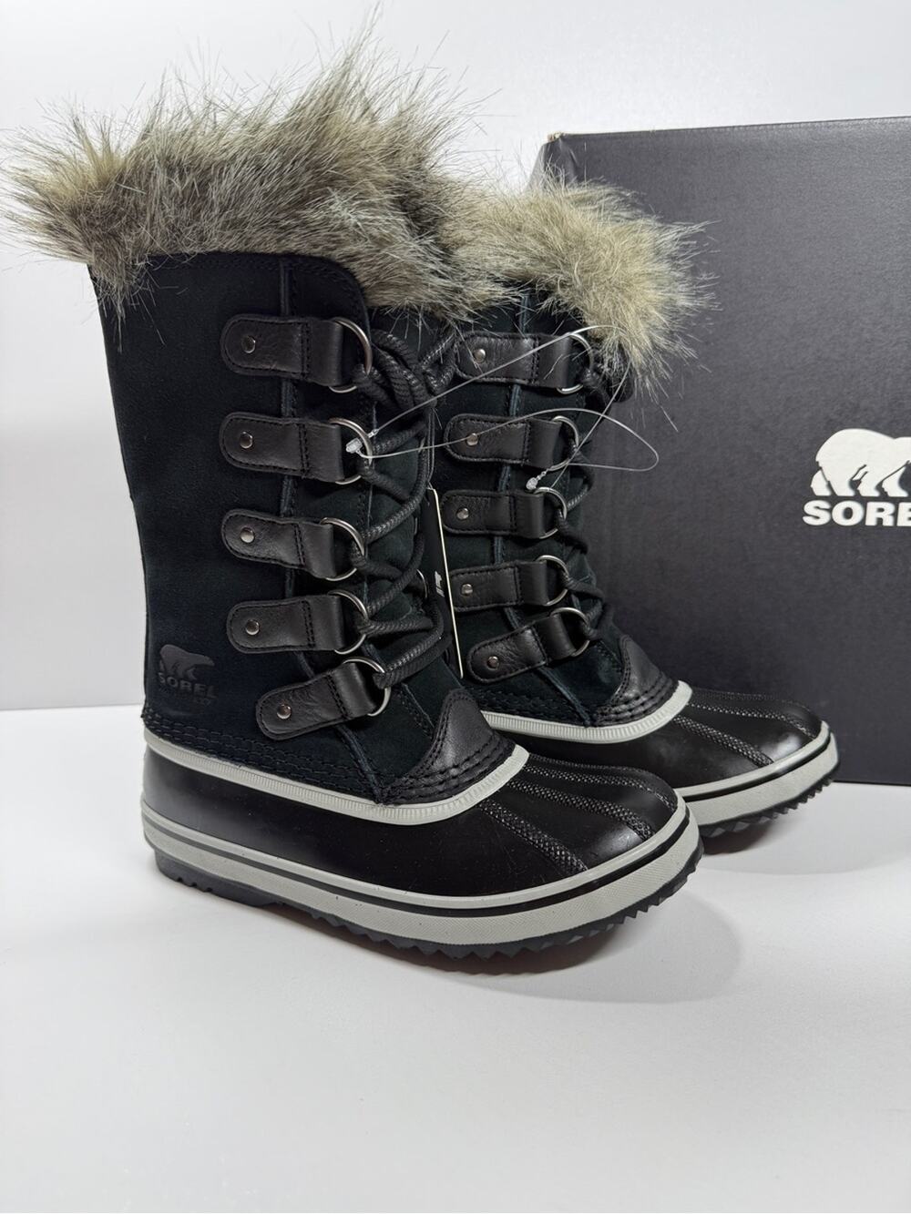 Sorel Joan of Arctic Black Suede Leather Faux Fur Collar Tall Winter Boots Size6